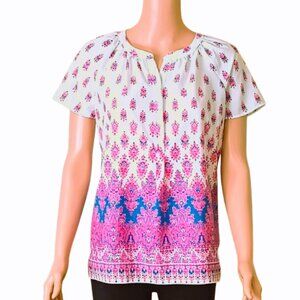 Talbots White Pink Floral Blouse SP Split Neck Tunic Top  Side Slits